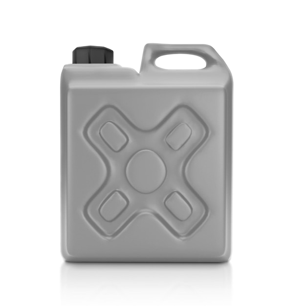 Galão de plástico cinza de embalagem em branco isolado em renderização 3D de fundo branco