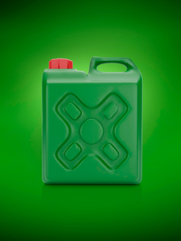 Foto galão de plástico verde de embalagem em branco em renderização 3d de fundo verde