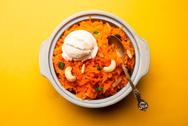 Galar Halwa com Sorvete de Baunilha, servido em uma tigela e guarnecido com frutas secas. foco seletivo