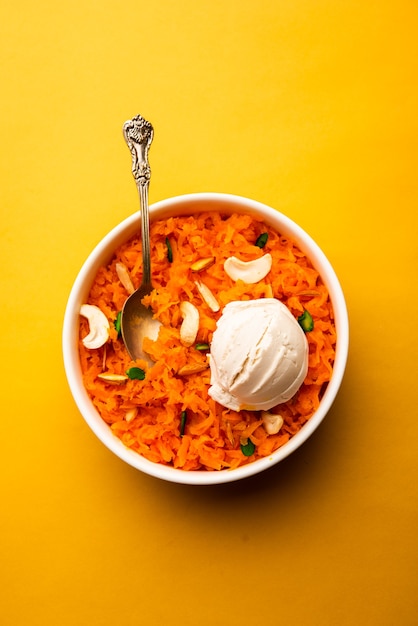 Galar Halwa com Sorvete de Baunilha, servido em uma tigela e guarnecido com frutas secas. foco seletivo