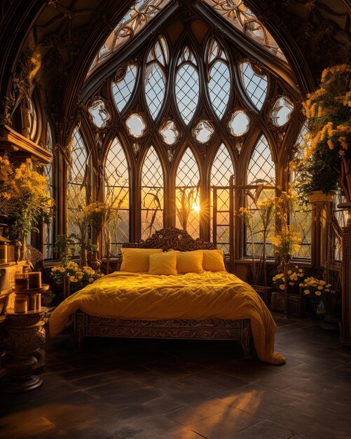 galardonada fotografía hermosa mansión gótica amarilla dormitorio con ornamento intrincado gótico