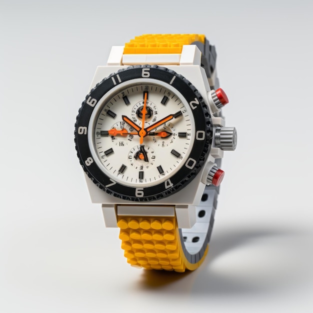 El galardonado reloj Lego en estilo reportaje en fondo blanco