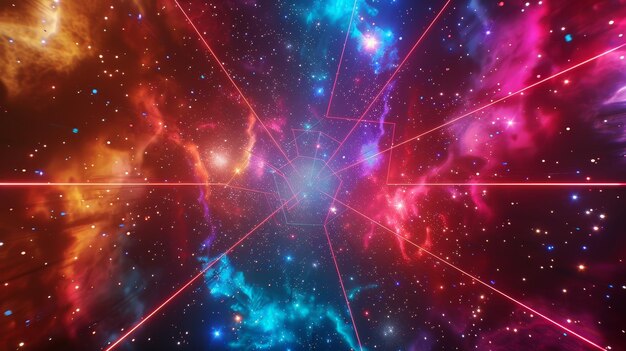 Una galaxia colorida con estrellas rojas, azules y púrpuras