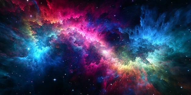 Una galaxia colorida con una nebulosa en el centro.