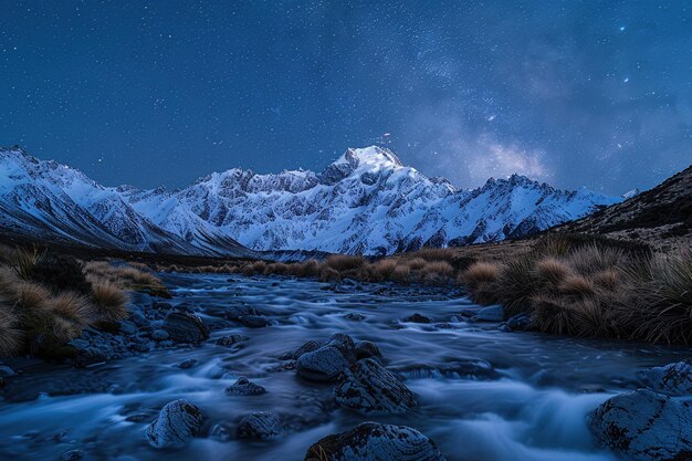 Foto galáxia e montanhas nevadas