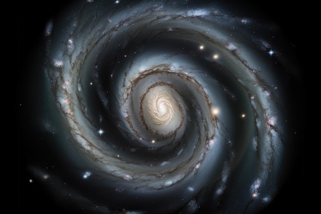 Galáxia espiral com braços de estrelas e planetas girando em torno do núcleo central criado com geração de inteligência artificial