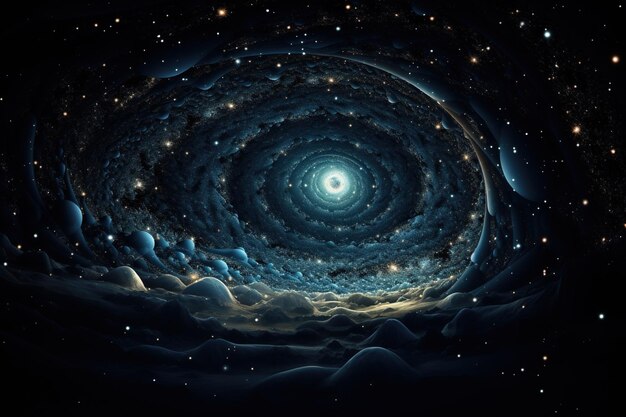 Galaxia espiral vista a través de una ventana lunar Los cráteres de la luna enmarcan el cosmos