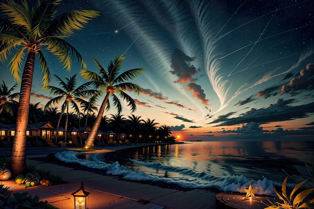 Galaxia estrella del árbol de coco junto al mar nocturno