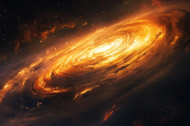 Una galaxia de fuego giratorio en el espacio con un núcleo brillante