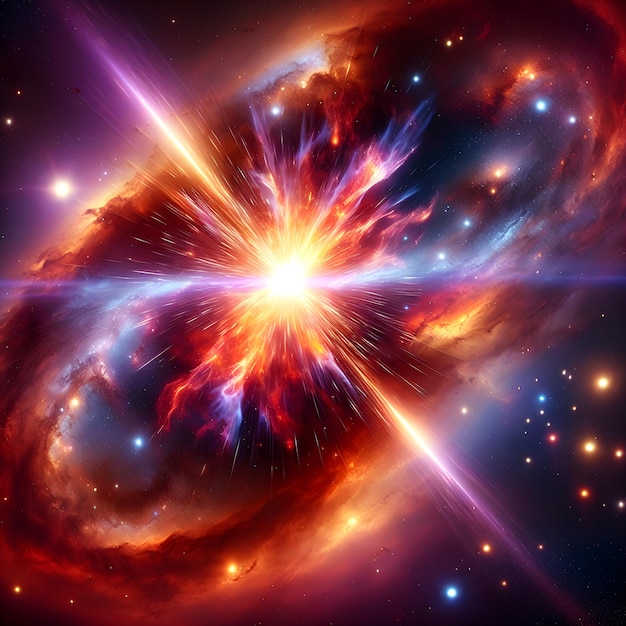 Foto galaxia lejana con una brillante erupción de chorro de cuásar