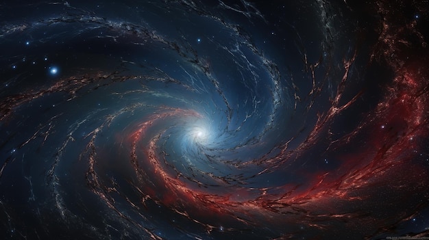 Una galaxia negra con un diseño en espiral en rojo y azul.