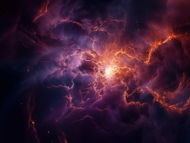 Una galaxia oscura con una nebulosa naranja y violeta brillante