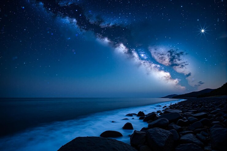 galaxia sobre el océano por la noche
