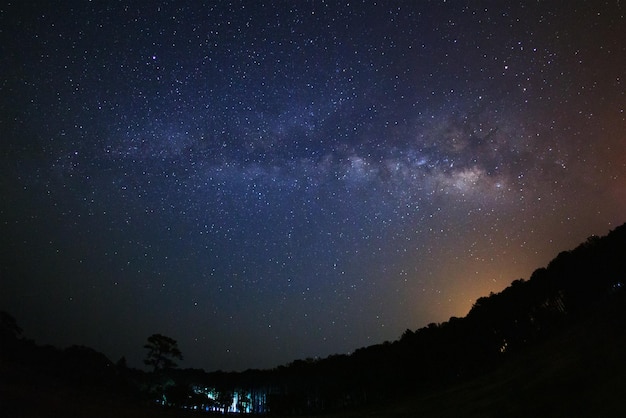 Galaxia de la vía láctea y silueta de árbol con nubes en el Parque Nacional Phu Hin Rong Kla