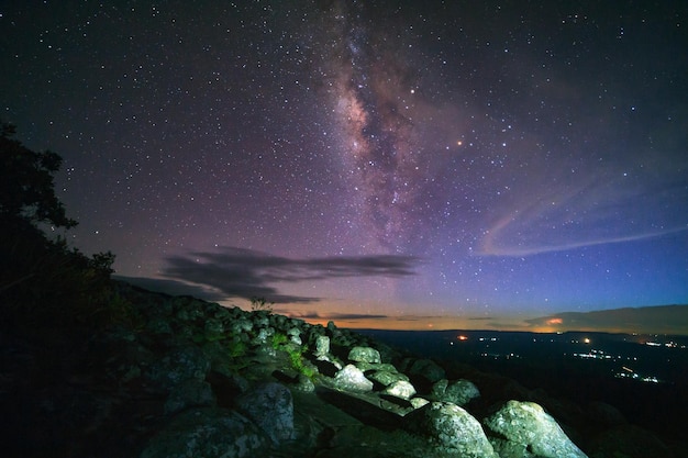 La galaxia de la vía láctea con el suelo de piedra de la perilla se llama el punto de vista de Lan Hin Pum en Phu Hin Rong Kla