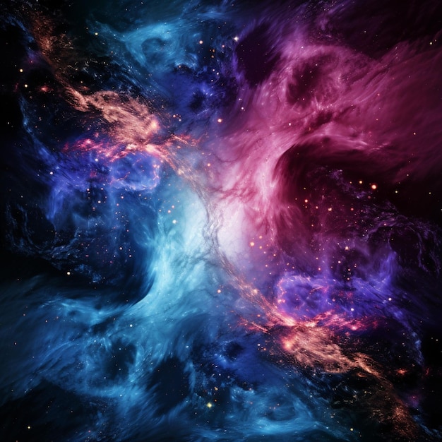 Galaxias que chocan generando una explosión de gradiente púrpura azul rosa y humo naranja