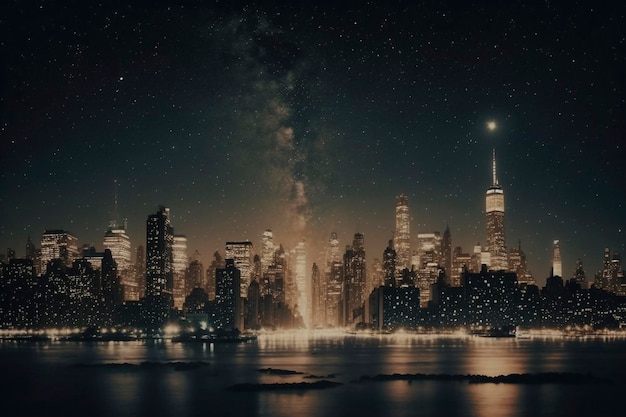 Galaxie von Sternen, die am Nachthimmel über den Gebäuden der New Yorker Skyline Ai leuchten, erzeugt