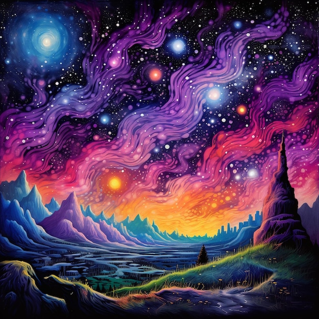 galaxy stars mountain night view hintergrund psychedelische farbe voller himmel