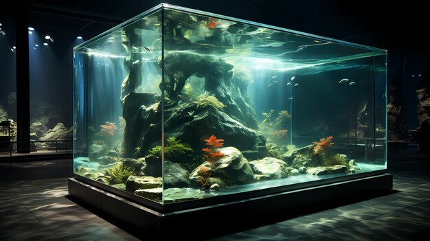 una galería de arte con un acuario