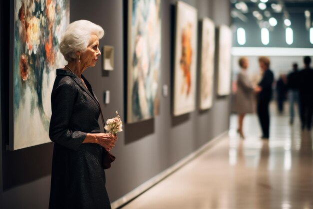 Galería de arte moderno Mujer anciana mirando las pinturas de artistas Contenido generativo de IA