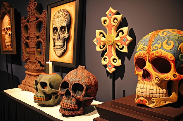 Galería de arte temática del Día de los Muertos con pinturas, esculturas y otras obras creativas en exhibición