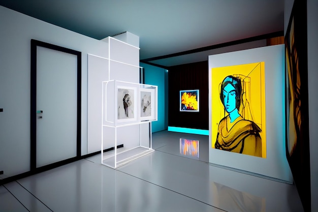 Galeria de arte do futuro com tela de holograma