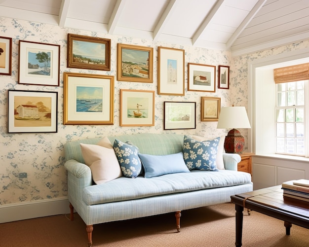 Galeria de sala de estar, decoração de parede e arte de parede emoldurada no interior da casa de campo inglesa, para maquete de arte para impressão diy e ideia de gráfica