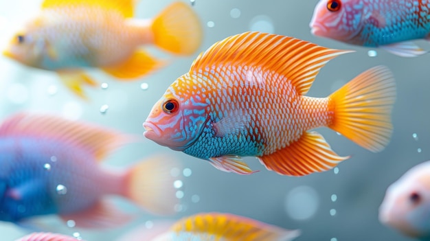 Galería de exquisitos peces coloridos nadando a través de un telón de fondo blanco sin costuras Cada pez es meticulosamente renderizado para mostrar sus colores y patrones únicos