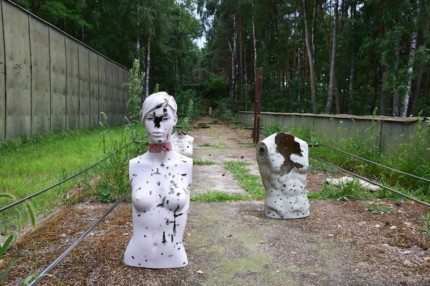 Una galería de tiro en el bosque con objetivos disparados: maniquíes.