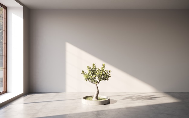 Foto galerieinnenraum mit leerer wand und dekorativem baum galeriekonzept mock-up 3d-rendering