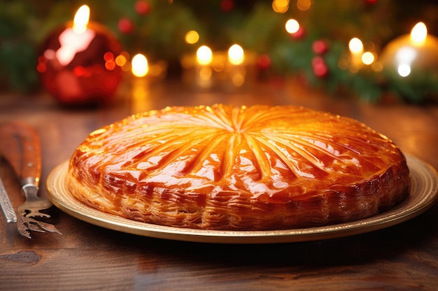 Galette des rois auf Holztisch und Weihnachtsdekoration Traditioneller Dreikönigskuchen in Frankreich