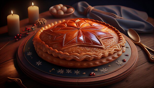 Galette des rois sobre mesa de madera tradicional pastel de epifanía en francia Acción de gracias y la fiesta de la cosecha 23 de noviembre IA generativa