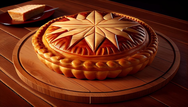 Galette des rois sobre mesa de madera tradicional pastel de epifanía en francia Acción de gracias y la fiesta de la cosecha 23 de noviembre IA generativa