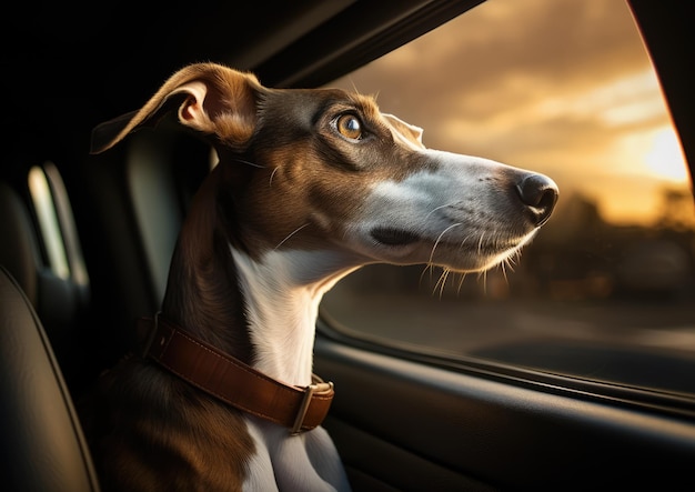 Un galgo mirando por la ventanilla de un coche capturando la emoción de un viaje por carretera