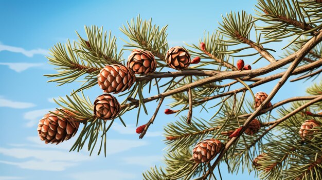 Galho de árvore de abeto com cones imaturos vermelhos sob o céu azul