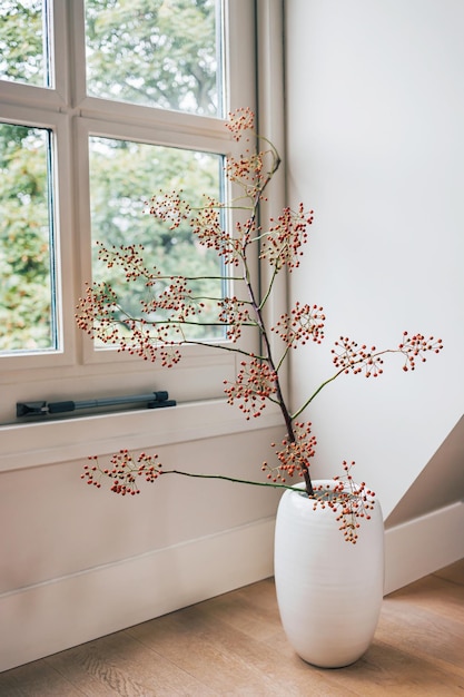 Foto galho de árvore de baga vermelha ilex em um grande vaso no chão em um fundo de parede branca ao lado da janela com espaço de cópia papel de parede mínimo de decoração de inverno ou outono cartão postal de botânica floral tema de natal