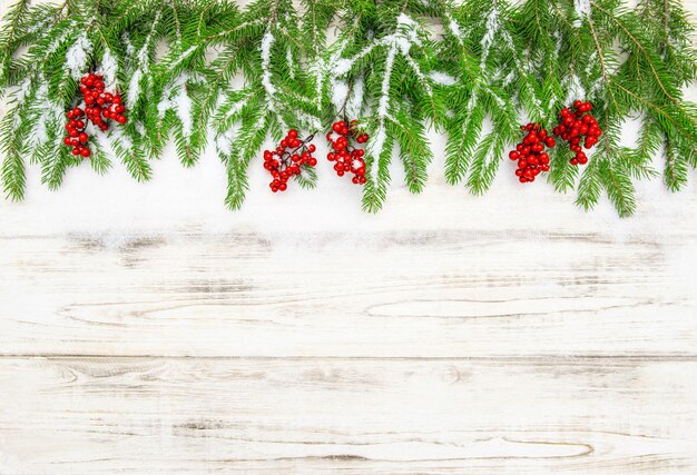 Galho de árvore de Natal com bagas vermelhas em fundo de madeira. Decoração festiva