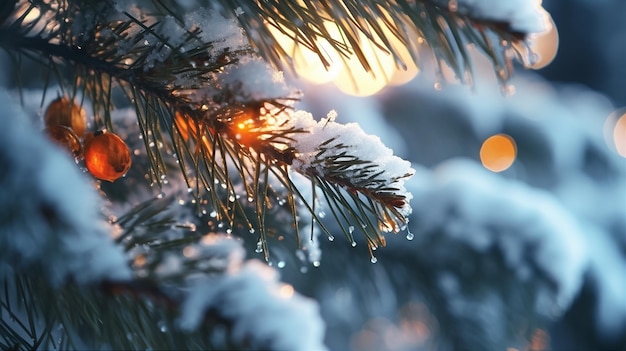 Galho de árvore de Natal fechado em um fundo de neve