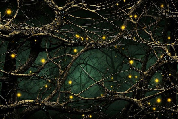 Galhos de árvore com guirnalda brilhante em cartão de Natal de fundo escuro