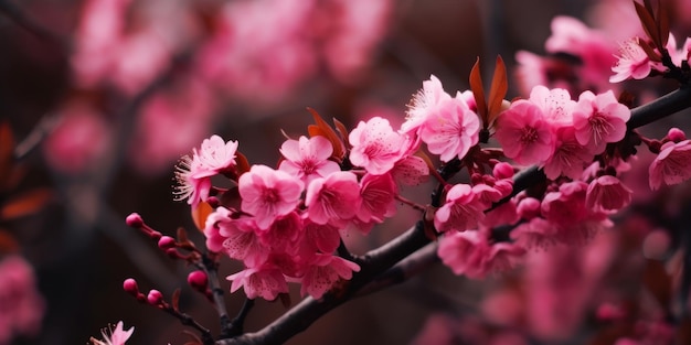 Galhos de árvores com lindas flores rosa florescendo na primavera Fundo escuro