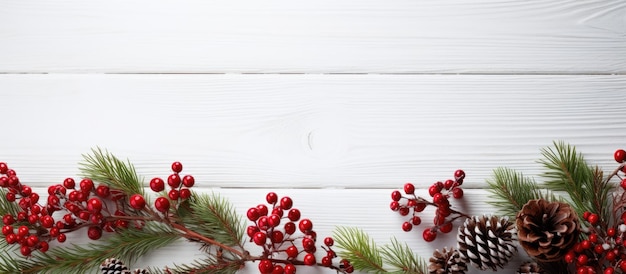 Galhos de árvores de Natal com flores de pinhas e bagas vermelhas dispostas sobre fundo branco de madeira