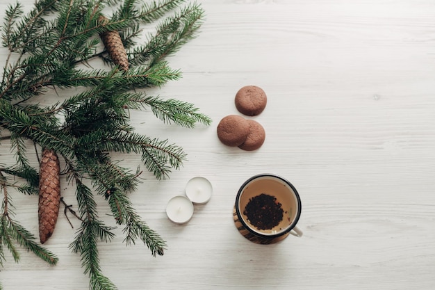 Galhos de árvores de Natal e flocos de neve em um fundo branco com CopySpace