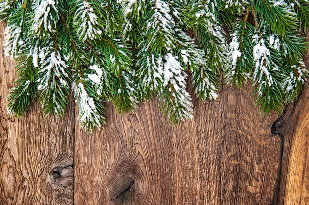 Galhos de árvores de natal sobre fundo de madeira. borda verde de galhos perenes não decorados