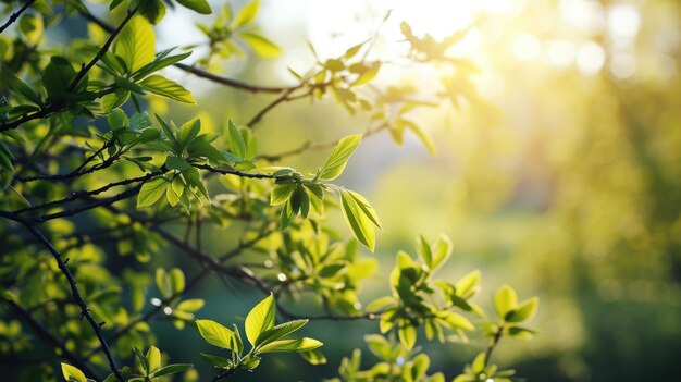 Galhos de árvores na primavera fundo desfocado com raios solares