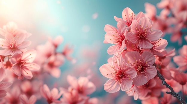 Galhos de cereja em flor macro à luz do sol com fundo de céu azul claro suave Fotografia floral encantadora da natureza primaveral