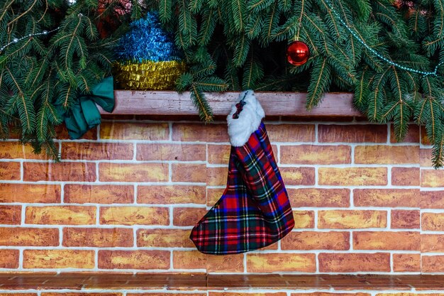 Foto galhos do pinheiro e meia de natal