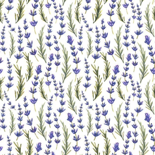 Galhos e folhas de flores de lavanda Padrão sem emenda de aquarela em um fundo branco De um grande conjunto de LAVENDER SPA Para estampas de tecidos têxteis, capas de papel de parede, embalagens de sucata de papel