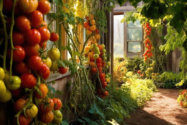 Galhos pendurados de tomates vermelhos dentro de casa generative ai