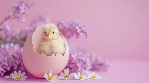 Galinha alegre emergindo de uma casca de ovo em um fundo rosa suave