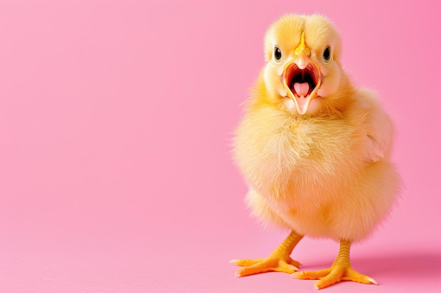 Foto galinha amarela bonita em fundo rosa suave ideal para campanhas de páscoa, suprimentos para animais de estimação, publicidade ou como um alegre elemento gráfico de primavera.